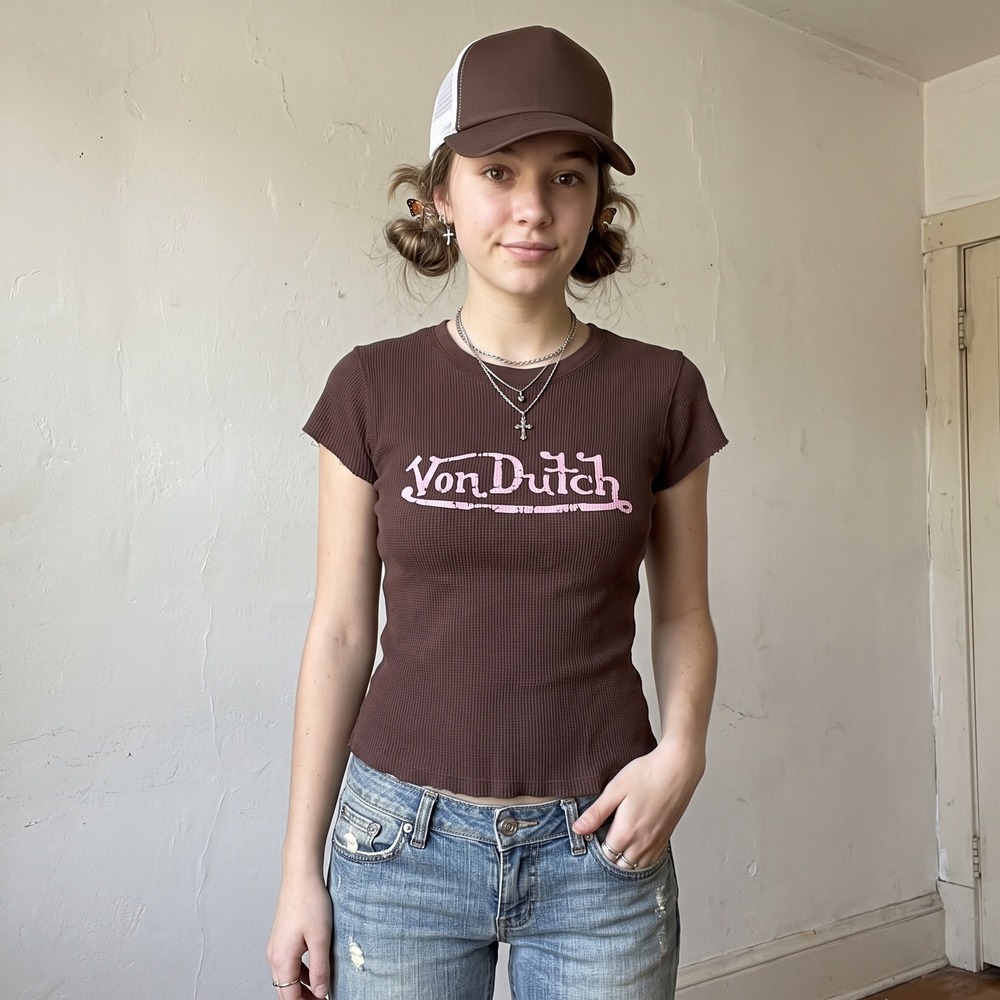 Von Dutch Womens Top Small Brown Waffle Knit Logo Y2K McBling Aesthetic